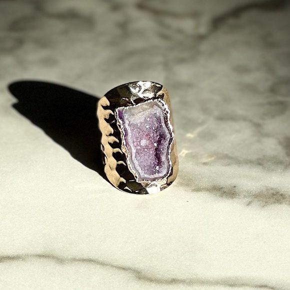 NEW Luxury Natural Stone Adjustable Crystal Irregular Geode Gold-plated Ring - Picture 3 of 9